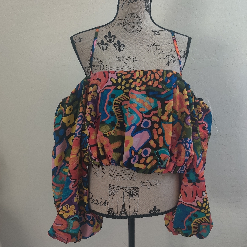🆕 Live 4 Truth Boho Psychedelic Multicolor Abstract Crop Top Puff Sleeves_1X
